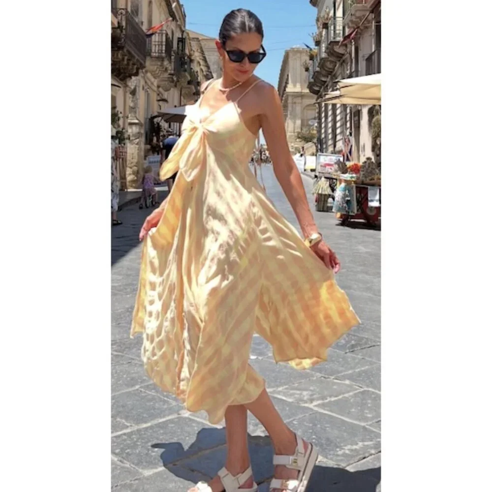 FREE PEOPLE Via Gingham Cotton Seersucker Sundress Creamsicle Combo Eve X-Small - Picture 11 of 11